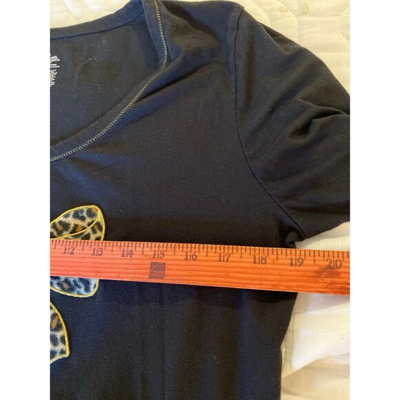 Black Blouse Cheeatah Print Bow Size Large T Shirt Long Sleeve Stretchy Casual - Picture 7 of 9